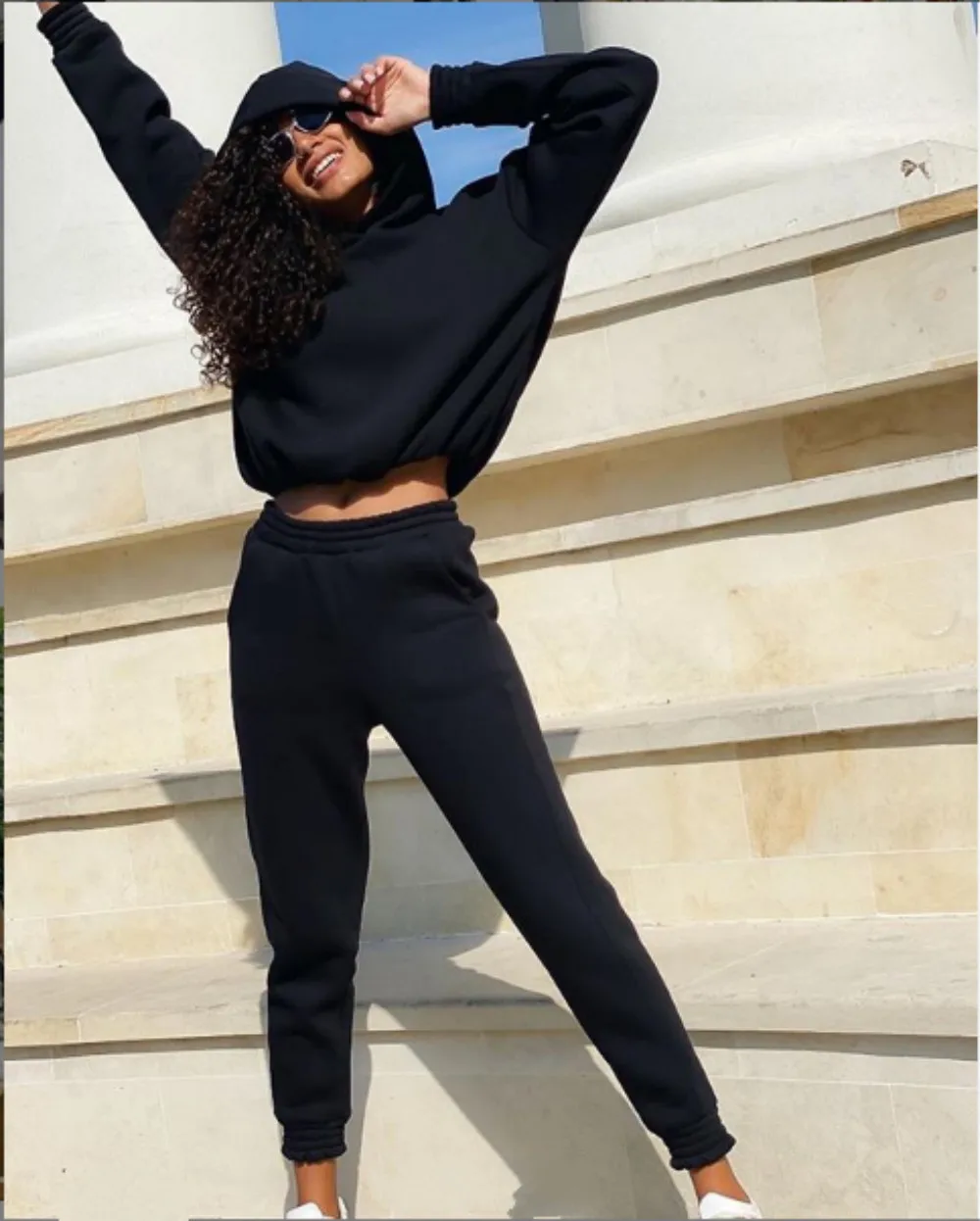 

Solid Fleece Winter Tracksuit Hoodies Sweatshirt Sweatpants 2 Peice Sets Women Casual Sport Outfits Elastic Waist Loose Fashion