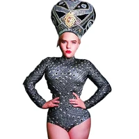 shining black diamonds long sleeve women bodysuits backless tight stretch romper hat nightclub costumes pole dancing outfit
