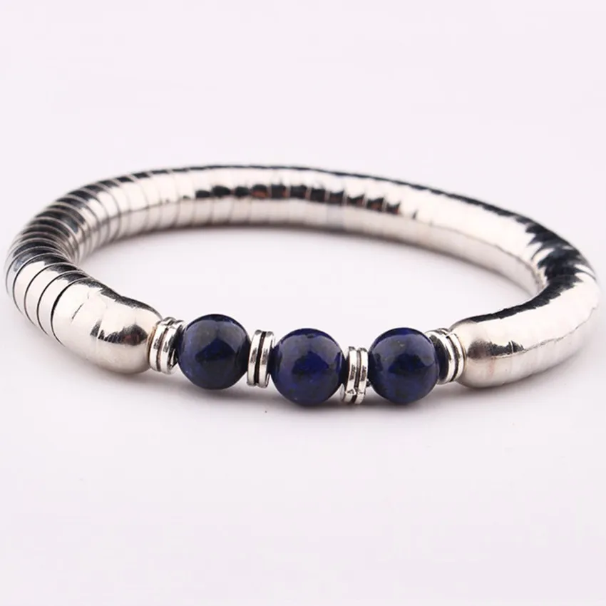 Браслет FYJS из нержавеющей стали с круглыми бусинами и Лазуритом | Украшения