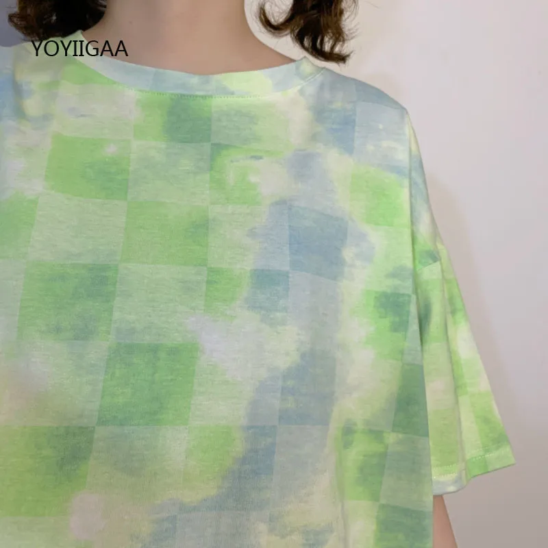 

Woman Tie Dye Tshirt Summer Plaid Short-sleeved Female T-shirt O-neck Vintage Ladies Girls T Shirts Basic Tops Fashion T-shirt