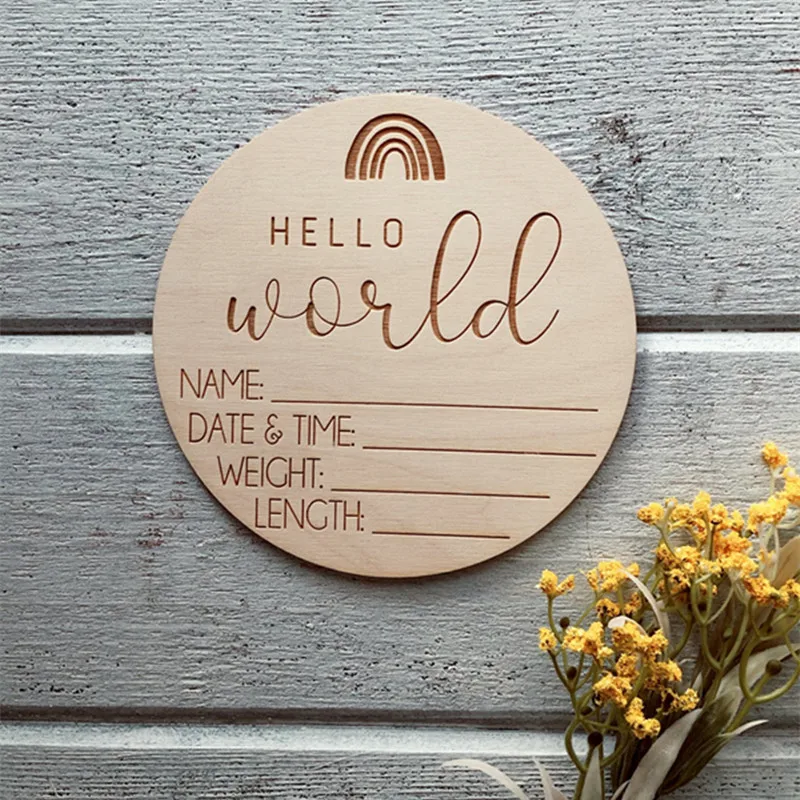 

Hello World birth Announcement Sign wood, Custom Rainbow Baby Name plaque, Birth Stats disc, Nursery Wall Art, Baby keepsake