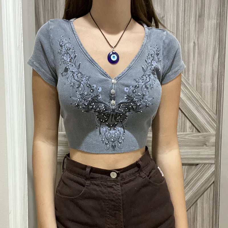 

hirigin Sexy Butterfly Pattern Woman Tshirts Slim Short Sleeve Crop Tops For Women Summer Rave Club Outfits E Girl Vintage Tees