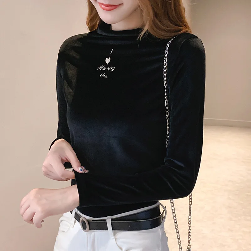 

Brief 2019 Autumn Winter Slim Gold Velvet High Collar Embroidery Letter T-Shirt Women Tees Tops tshirt Female