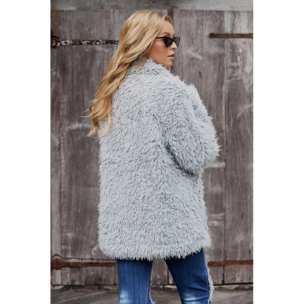 

Woman Long Sleeve Faux Fur Fluffy Jacket Coats Female Khaki/Gray Fur Outwear Ladies Shaggy Jackets Pocket Tuen-down Collar Cover