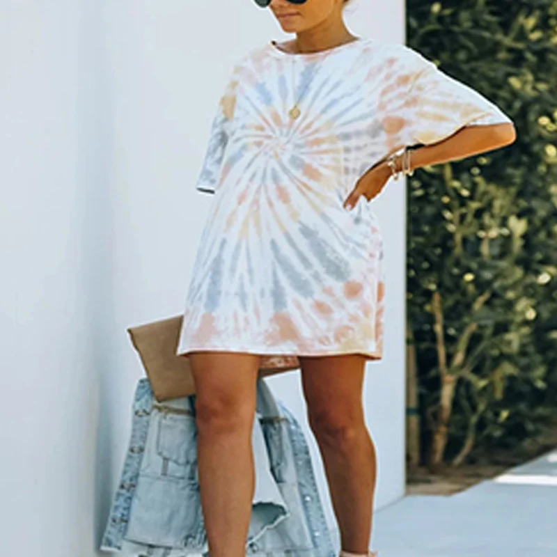 

2021 Summer Tie Dye Printed Women's Long T-shirt Loose O-neck Female Short Sleeve T-shirts New Fashion Streetwear Ladies Top