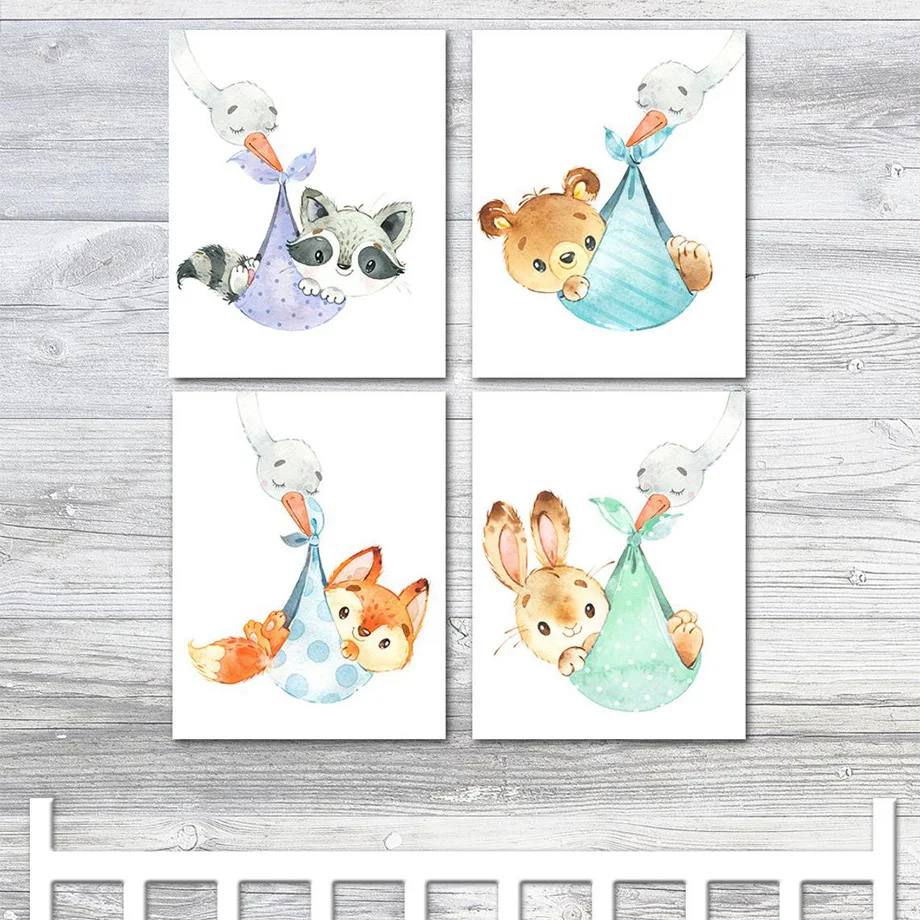 Лебедь Медведь Кролик лиса енот настенная живопись холст мультфильм Северный