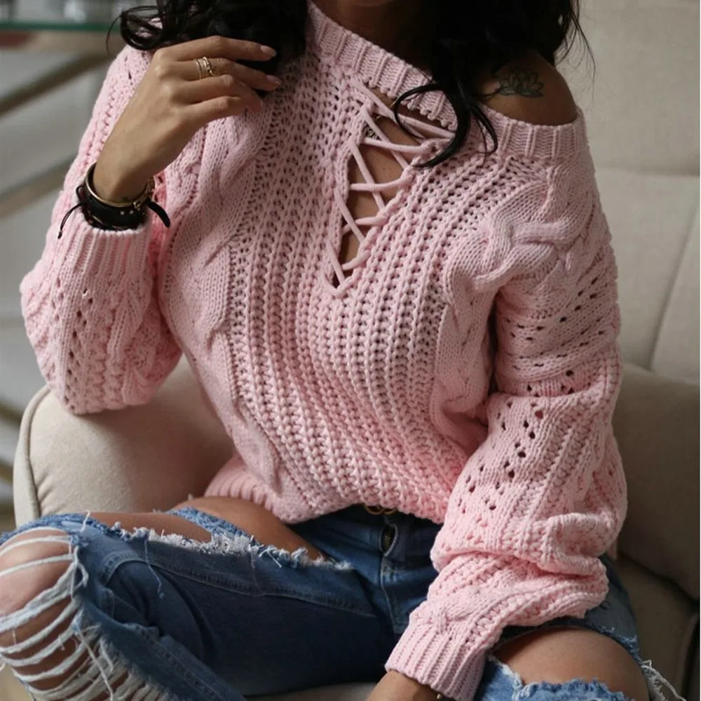 

Пикантный вязаный свитер с открытыми плечами, женский модный пуловер с вырезами и завязками, женская Свободная Повседневная Уличная одежда...