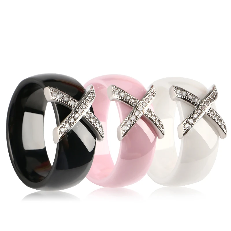 Fashion Jewelry Women Ring With AAA Crystal 8 mm X Cross Ceramic Rings For Women Wedding Party Accessories Gift Design