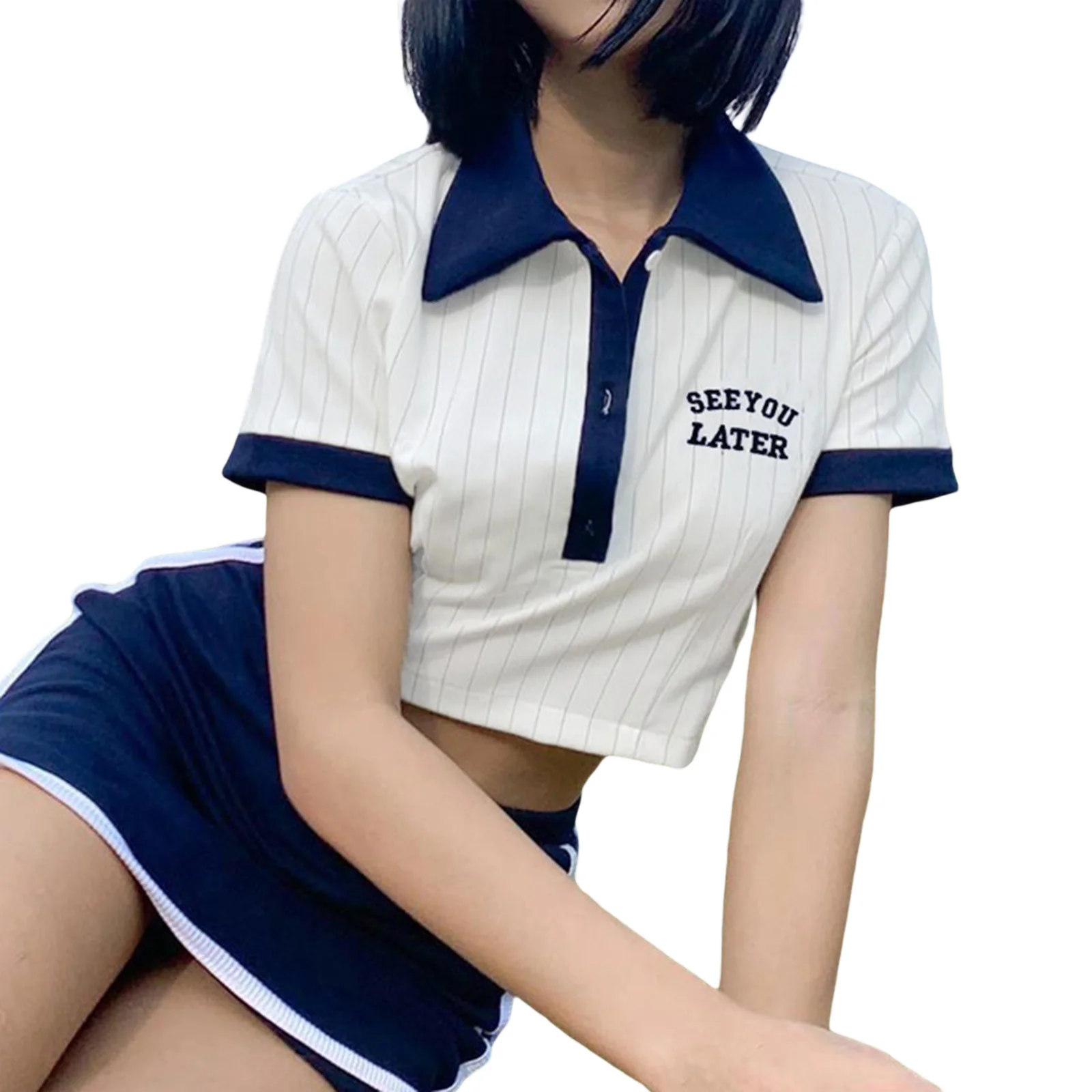 

Женская футболка в полоску, с коротким рукавом, на пуговицах