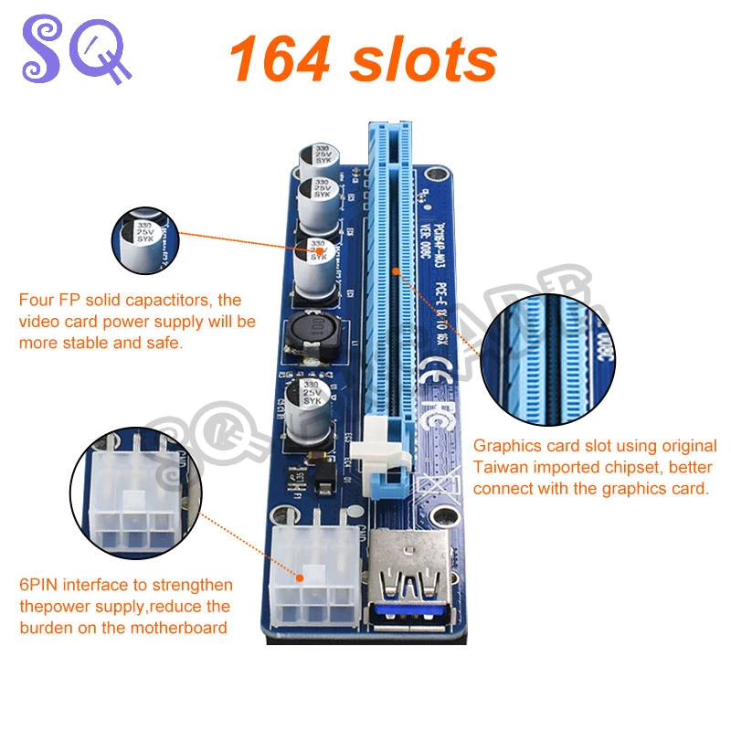 

2 pcs New VER008C Molex 6 pin PCI Express PCI-E Riser Card 008C 1X to 16X USB 3.0 Extender 60cm Cable Mining Bitcoin