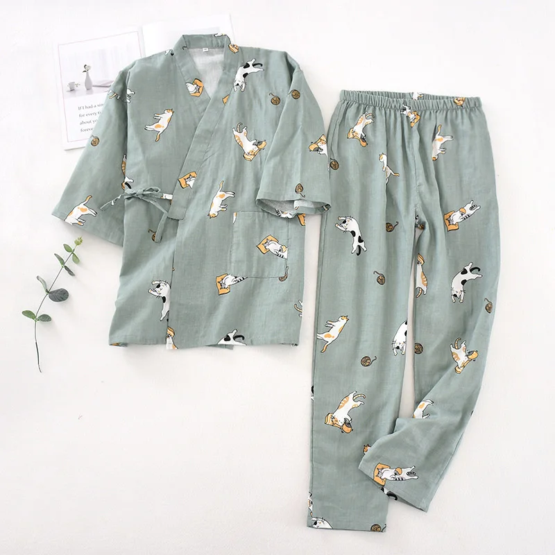 Cotton Gauze Spa Cat Print Women Pajamas Set Half Sleeve Yukata Cardigan Long Pants Absorbent Harajuku Woman Sleepwear Sets 2021