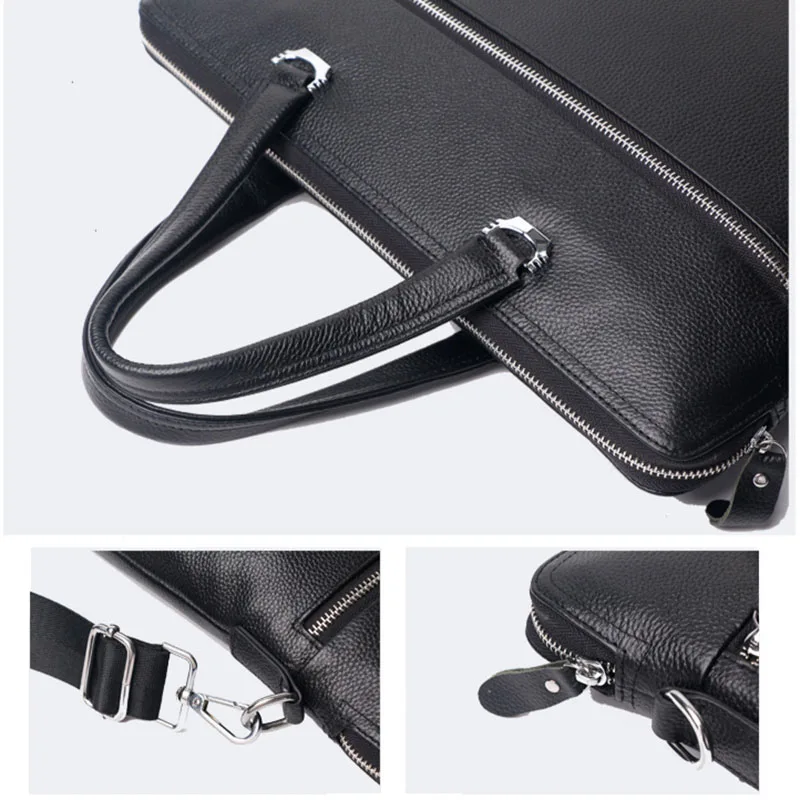 

Large Business Briefcase Men's Travel bags Handbag Classic Black 14" Laptop bag Brand Genuine Cow Leather Men Shoulder bags 2021