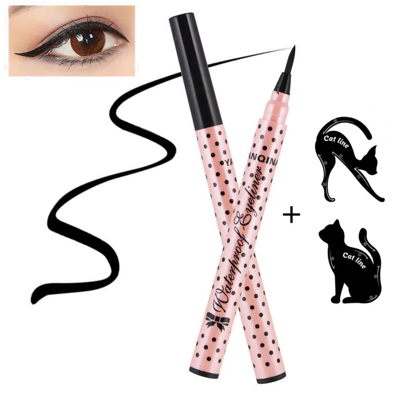 1 Pcs Black Long Lasting Eye Liner Pencil Waterproof Eyeliner Smudge-Proof Cosmetic Beauty Makeup Liquid with Cat Line Stencils |