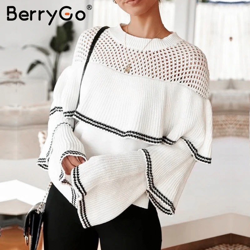 BerryGo Elegant hollow out women sweater Ruffles striped loose female pullover jumper Soft autumn winter ladies knitted sweaters | Женская