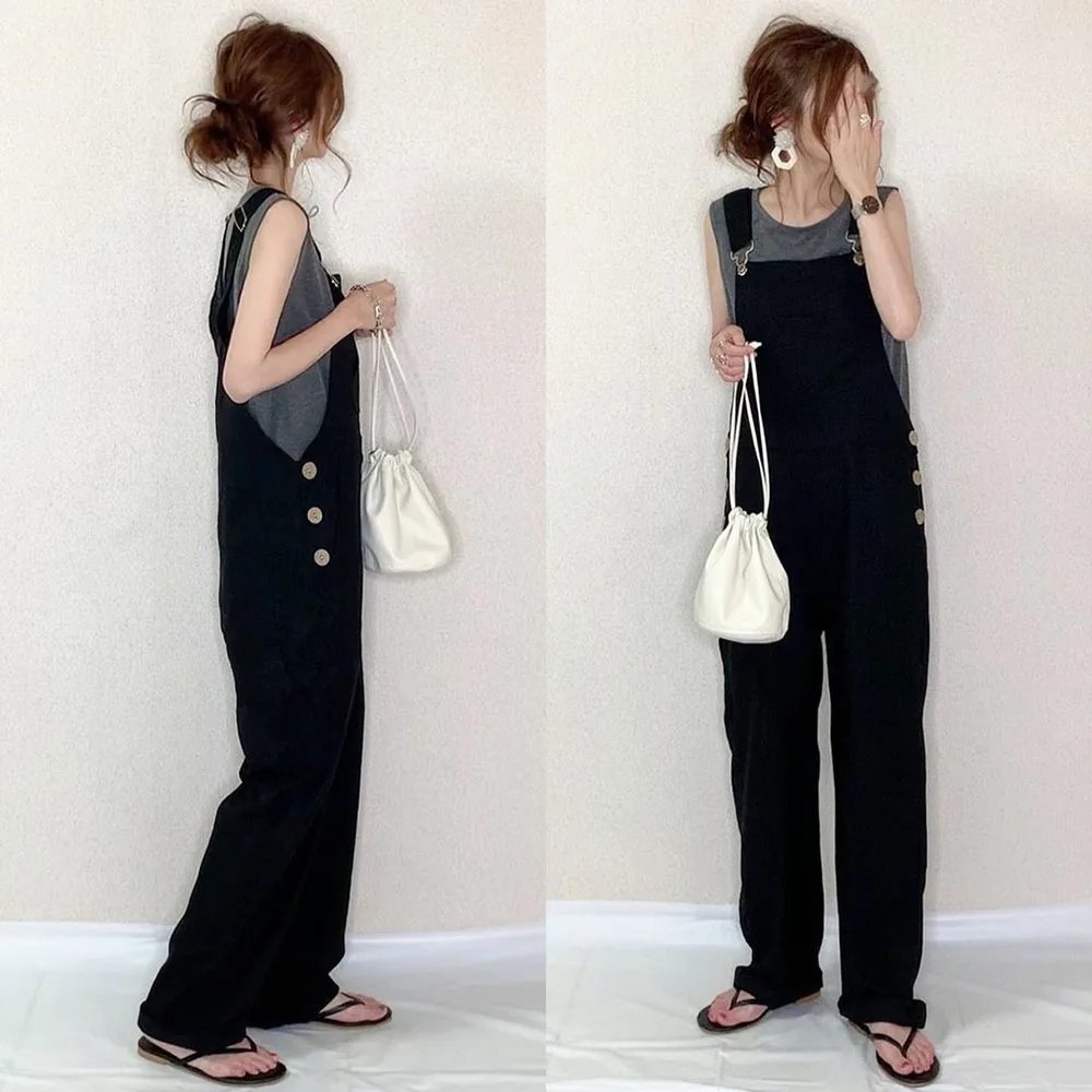 

Japan Korea Women Jumpsuit Autumn 2020 Simple Ancient Strap Pants Loose Straight Tube Daddy Jeans Pants Button Waist Young Girl
