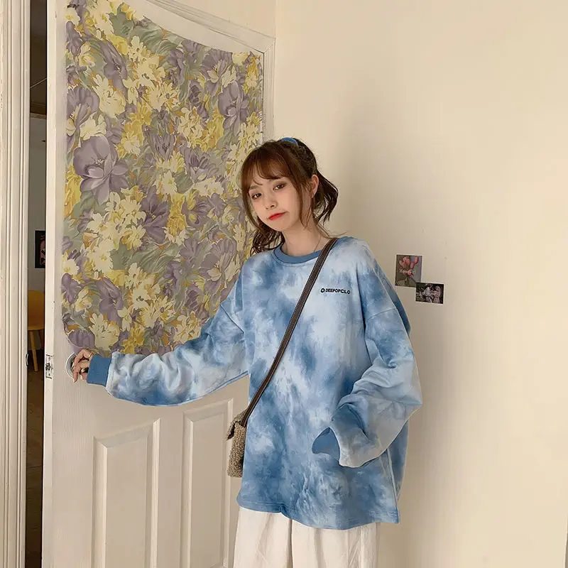 HOUZHOU Tie Dye Oversized Hoodie Harajuku Pullovers Vintage Women Sweetshirts Streetwear Women Sudaderas Korean Fashion Blouses