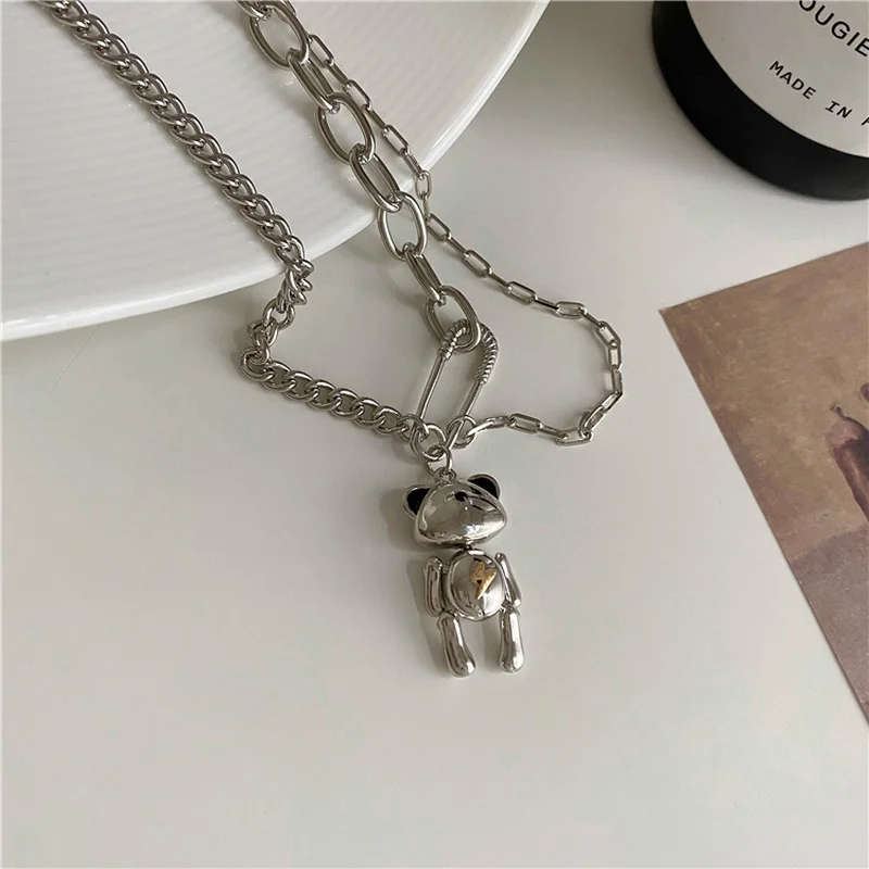 

Origin Summer Double Layer Metal Chunky Chain Paper Clip Bear Lightning Pendant Necklace for Women Asymmetry Necklace Jewelry