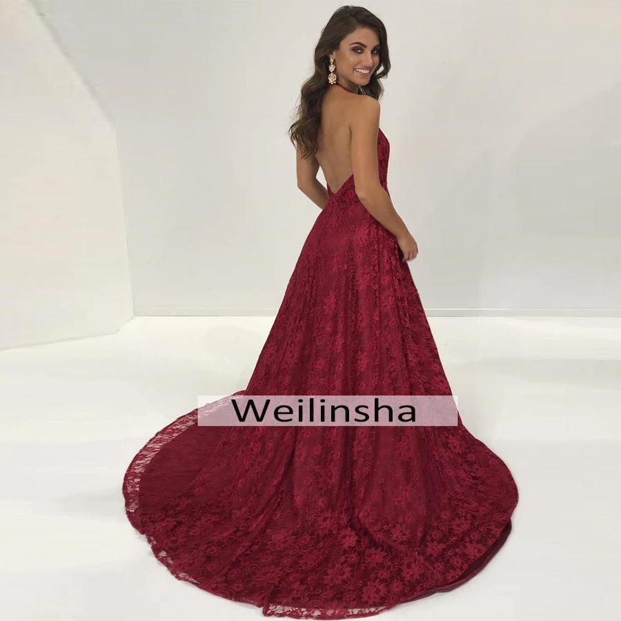 Weilinsha Burgundy Lace Evening Dresses Robe De Soiree Sexy Halter Sleeveless High Split Backless Formal Dress Prom Gowns |