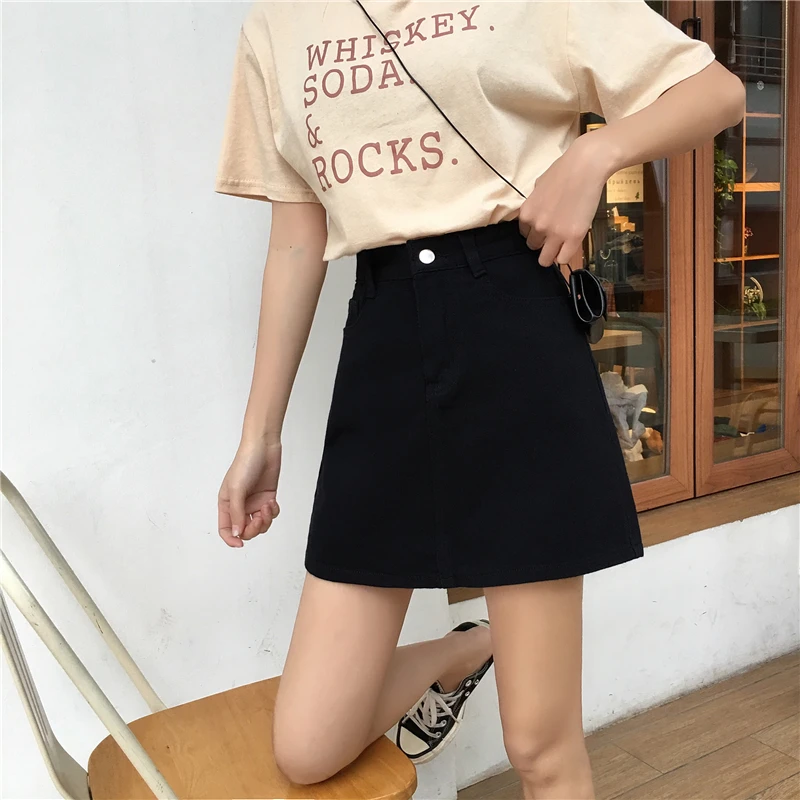 

A-Line Solid Skirts Women Denim Button Simple Black White New Summer Leisure All-match Ulzzang Trendy Ladies Daily Fashion Femme