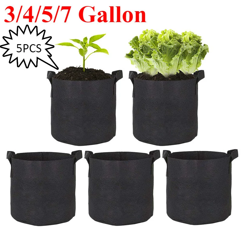 

5Pcs 3/5/7/10 Gallon Grow Bags Felt Grow Bag Gardening Fabric Grow Pot Vegetable Growing Planter Garden Flower Planting Pots