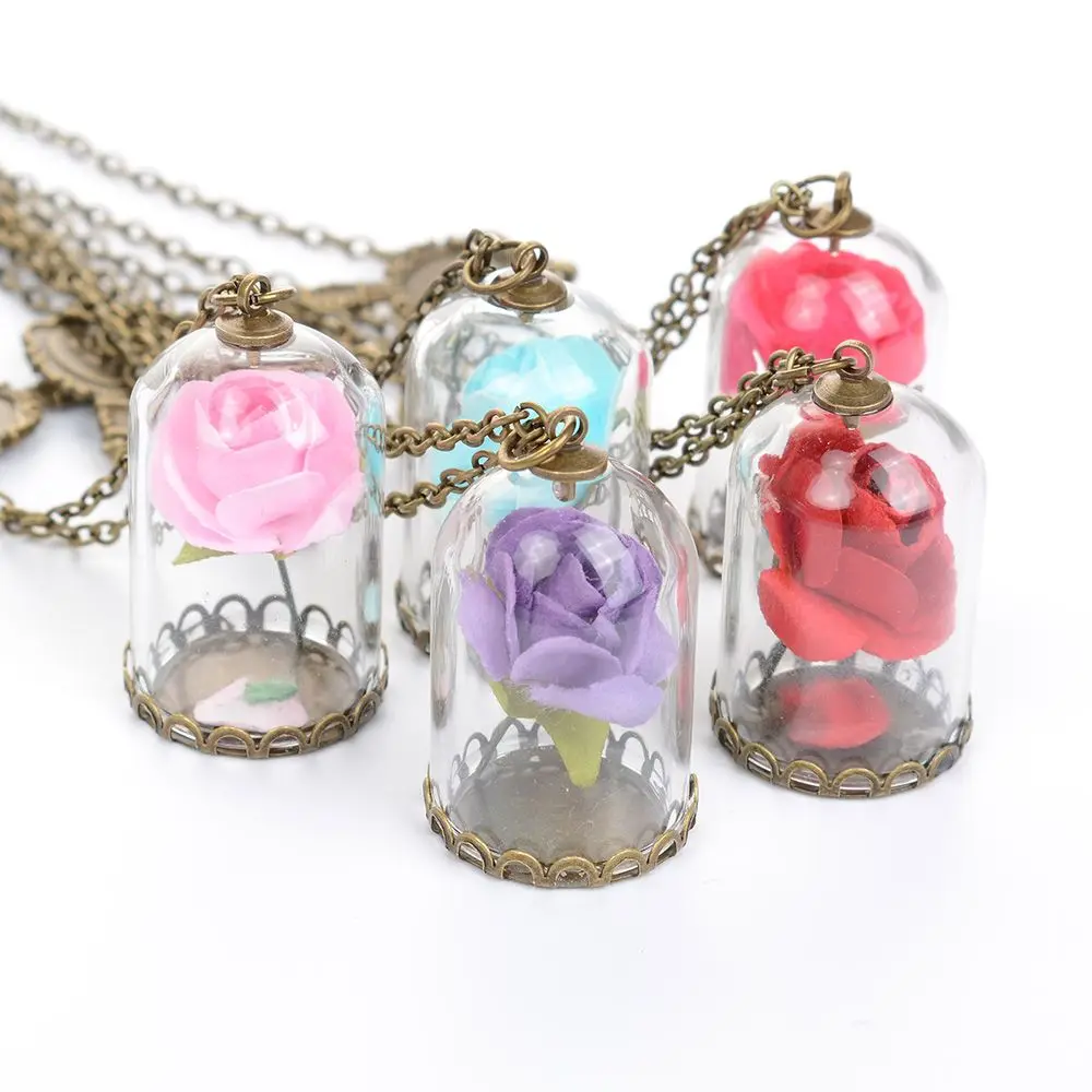 

Fashion Real Rose Dried Glass Flower Bottle Chain Necklace Pendant