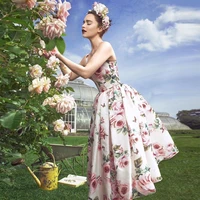 s xl 2022 new fashion rose flower print pleated slim fresh temperament straps fluffy dress casual holiday woman dresses