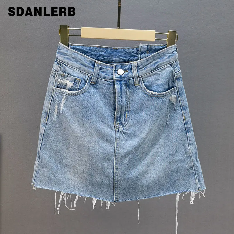 

Mujer Faldas Ripped Denim Skirt Women's Thin 2021 Summer New High Waist Loose Slimming Anti-Exposure Casual Mini Sheath Skirt
