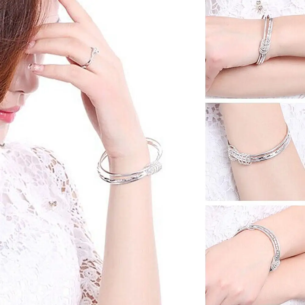 Элегантный женский браслет с тремя кольцами для вечеринок посеребренный манжета