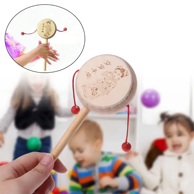 

Wood Cartoon Chinese Traditional Spinning Rattle Drum Hand Bell Baby Musical Toy