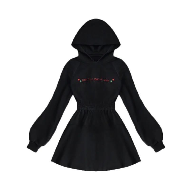 

QWEEK Black Punk Gothic Hoodie Dress Goth Women Streetwear Harajuku Letter Embroidery Long Sleeve Wrap Pleated Dress Female