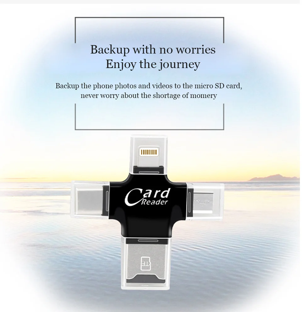 4 в 1 устройство для чтения телефонных карт с интерфейсом USB/Micro USB/type-C/lightning для Micro SD карты, соединяющейся со смартфоном-черный цвет