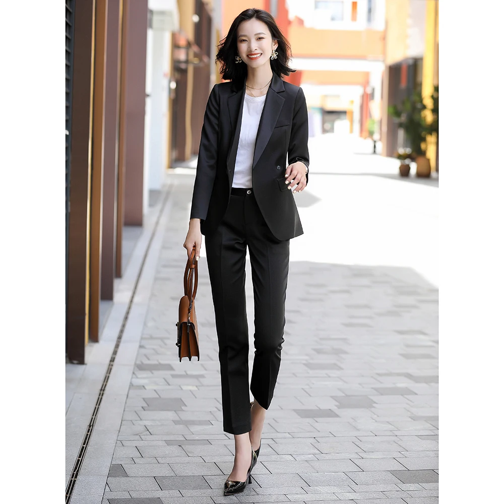 

New Autumn White Black Polyester 100% Pant Suits For Women 2 Piece Set Formal Blazer Jacket Trousers Office Lady Plus Size S-4XL