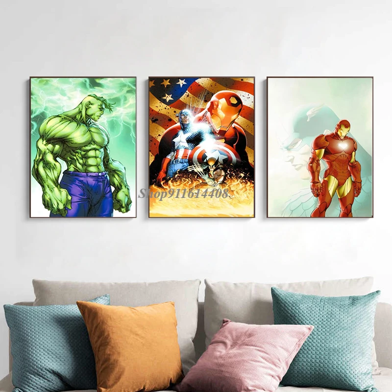 Живопись на холсте классических фильмов Marvel "Халк", "Железный человек", "Мстители", "Супергерои". Постеры, печати на стенах, изображения искусства для декора гостиной.