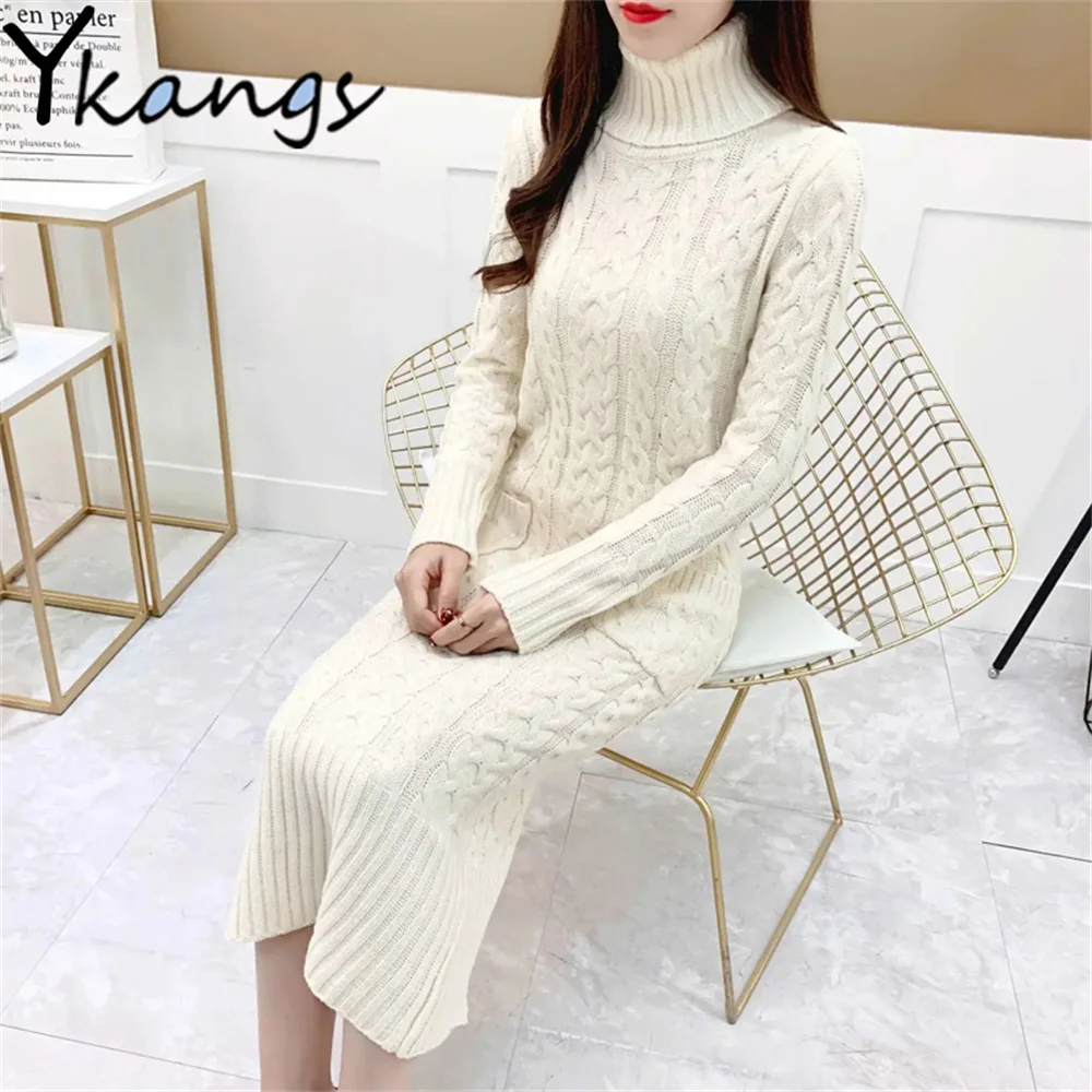 

Корейское повседневное свободное вязаное платье средней длины, осенне-зимние платья-свитеры с высоким воротником, плотная теплая облегающ...