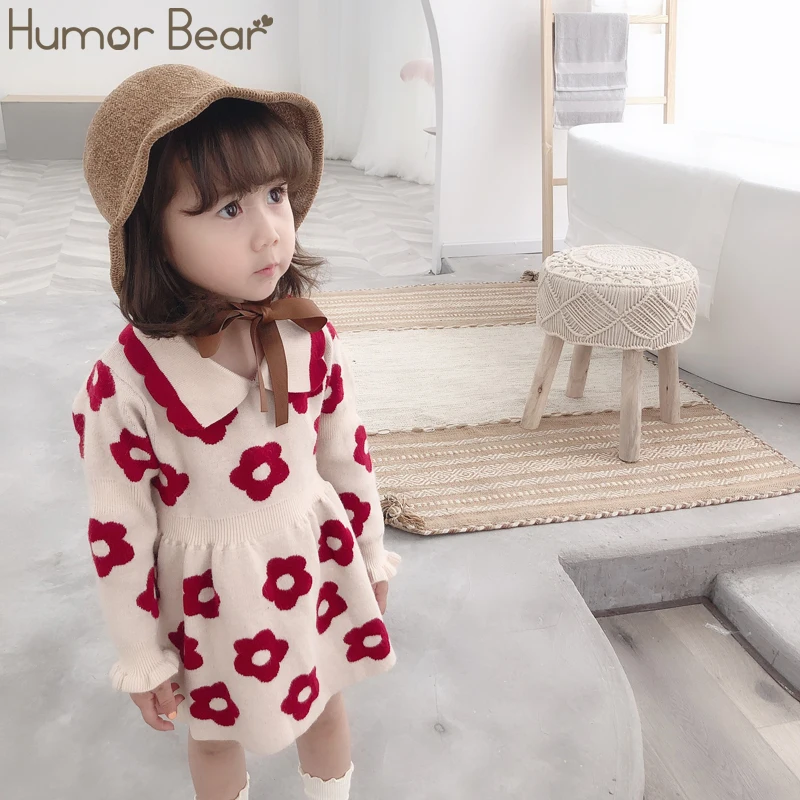 Humor Bear/Новинка года; свитер для девочек; сезон осень-зима; корейские платья с цветочным принтом; детский вязаный пуловер с отворотом; одежда; платье принцессы для малышей