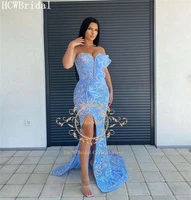 new baby blue mermaid long evening dress with slit bling sequins sweetheart beading ruffles black women special occasion gowns