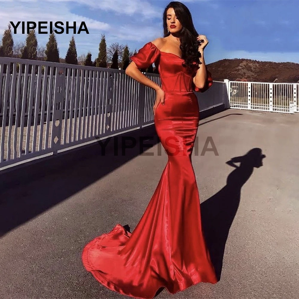 

2021 New Sweetheart Mermaid Evening Dress Short Sleeves Floor Length Sweep Train Prom Party Gown robe de soirée de mariage