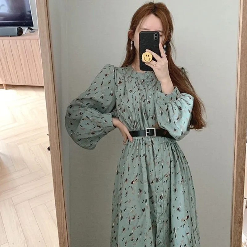 

Korean Chic Floral round Neck Puff Sleeve with Belt Long Dress