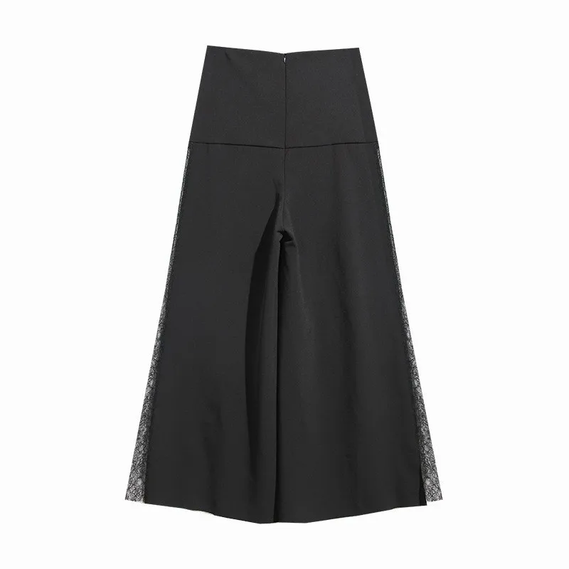 

GALCAUR Elegant Long Wide Leg Pants High Waist Lace Patchwork Lace Bandage Trouser For Women Oversized Fashion 2020 Fall Clothes