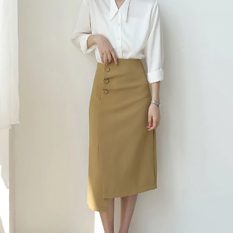 

Женская Асимметричная юбка до середины икры, однотонная винтажная юбка средней длины с высокой талией, в офисном стиле, весна 2022