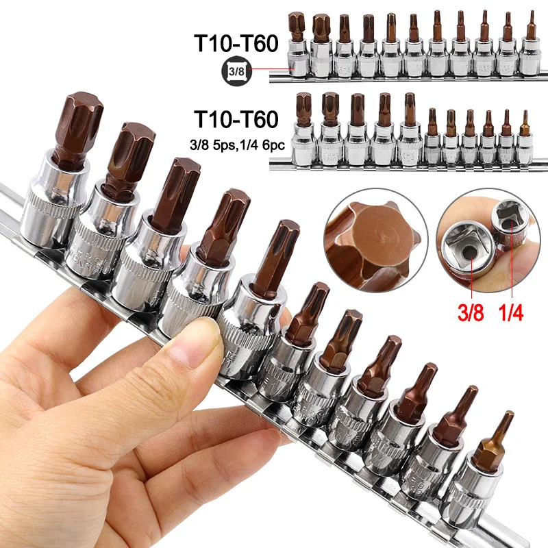 

11PC 3/8" 1/4" Drive S2 Alloy Torx Screwdriver Bits Set Spline Socket Bit T10 T15 T20 T25 T27 T30 T40 T45 T50 T55 T60 Hand Tools