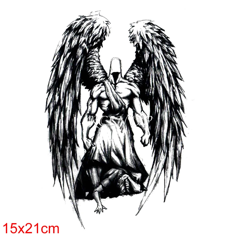 Водонепроницаемая Временная тату-наклейка с большими крыльями Черный ангел воин