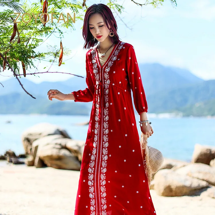 

Summer beach Bohemian long dress pure cotton lace elegant V-neck sexy woman dress travel vacation plus size ruched dress red