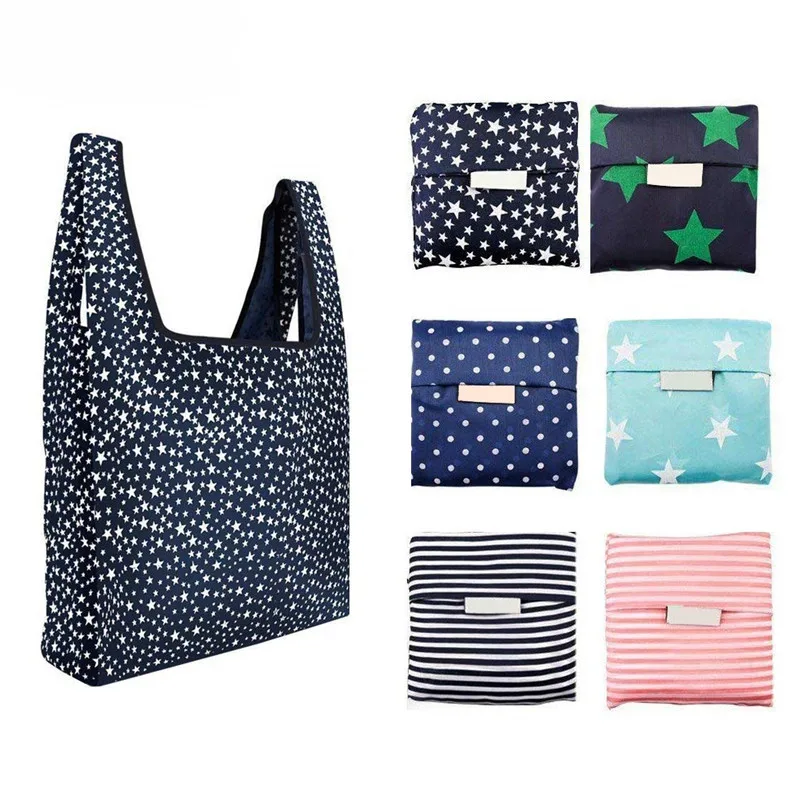 

Women Washable Reusable Oxford Grocery Shopping Bags Star Dot Stripe Sundries Bags Foldable Travel Shoulder Shopper Bags