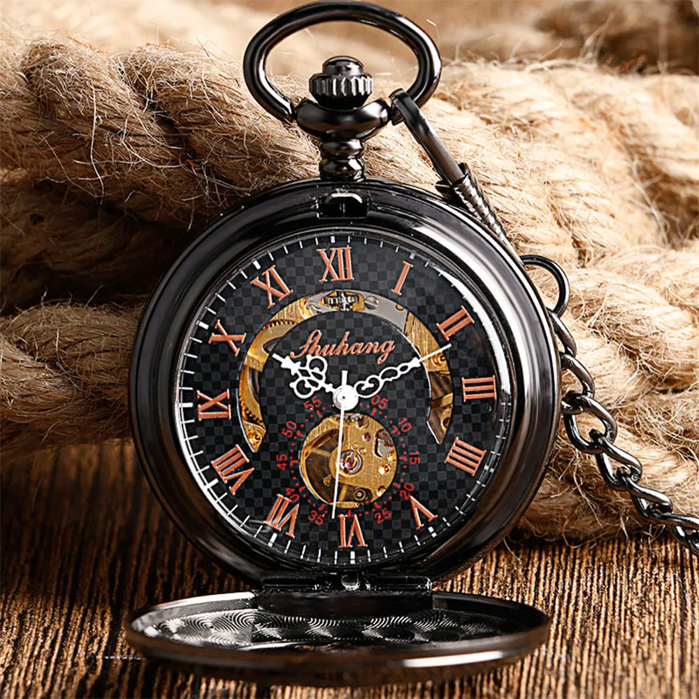 Vintage Black Hollow Flower Half Hunter Mechanical Pocket Watch Exquisite Luxury Pendant Pocket Clock Hand Winding Timepiece