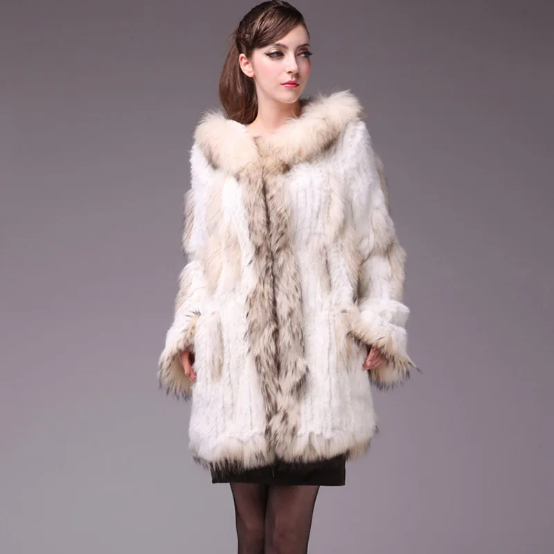 Office Lady Khaki Middle Length Jackets Women Winter Warm Real Fur Coats Knitted Raccoon Dog Fur Rabbit Hooded Luxury Overcoats