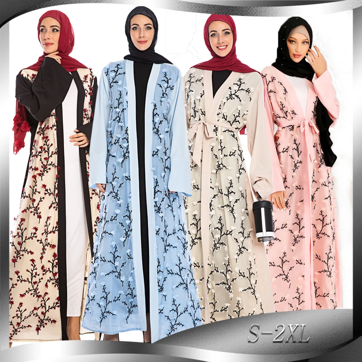 

Open Abaya Kimono Muslim Fashion Hijab Dress 3D Flower Embroidery Abayas for Women Dubai Long Dresses Pakistani Islamic Clothing