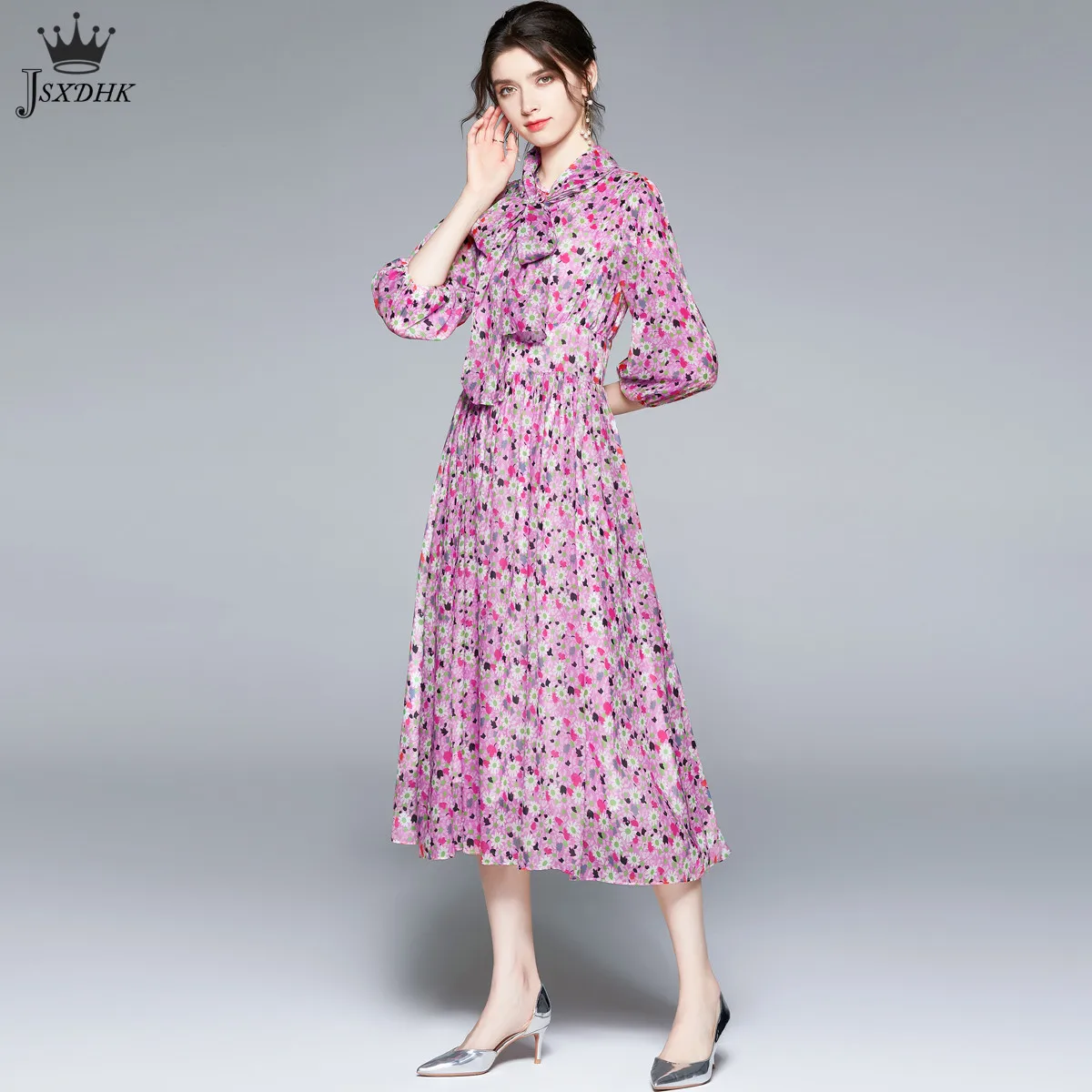

2021 Summer Vacation Runway Dress High Quality Women Bow Collar Floral Print Elegant Chiffon Dresses Lady Midi Dress Vestidos