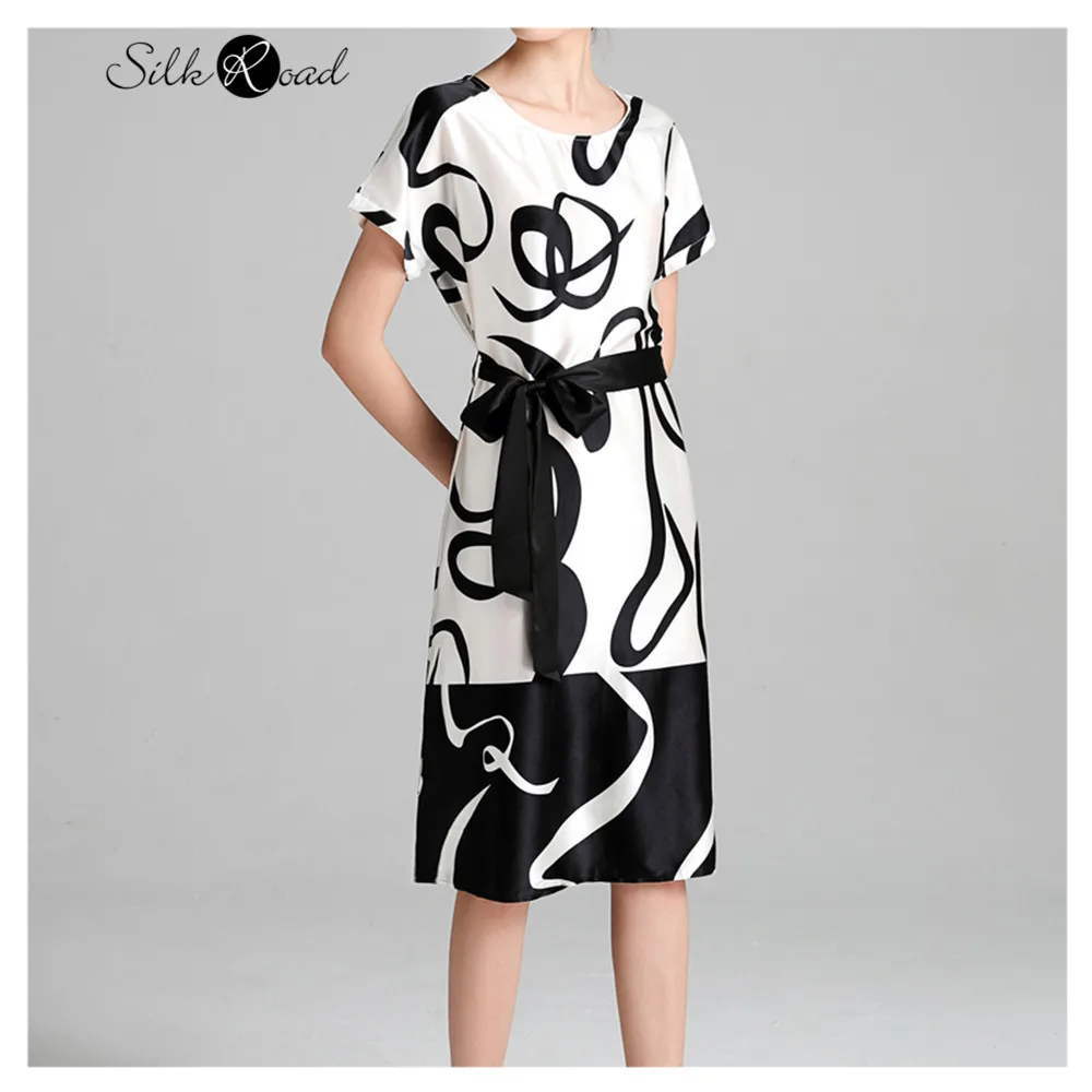 

Silviye Nordic black and white printed silk dress women's mulberry silk French waistband party A-line dress new summer