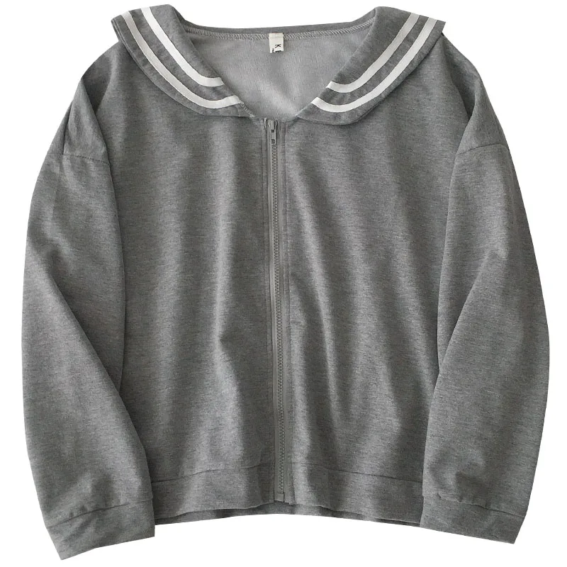 

Spring Autumn Korean Harajuku Women Hoodies Coat Navy Collar zipper Long Sleeve Jacket Girl Solid Color All-match Overcoat